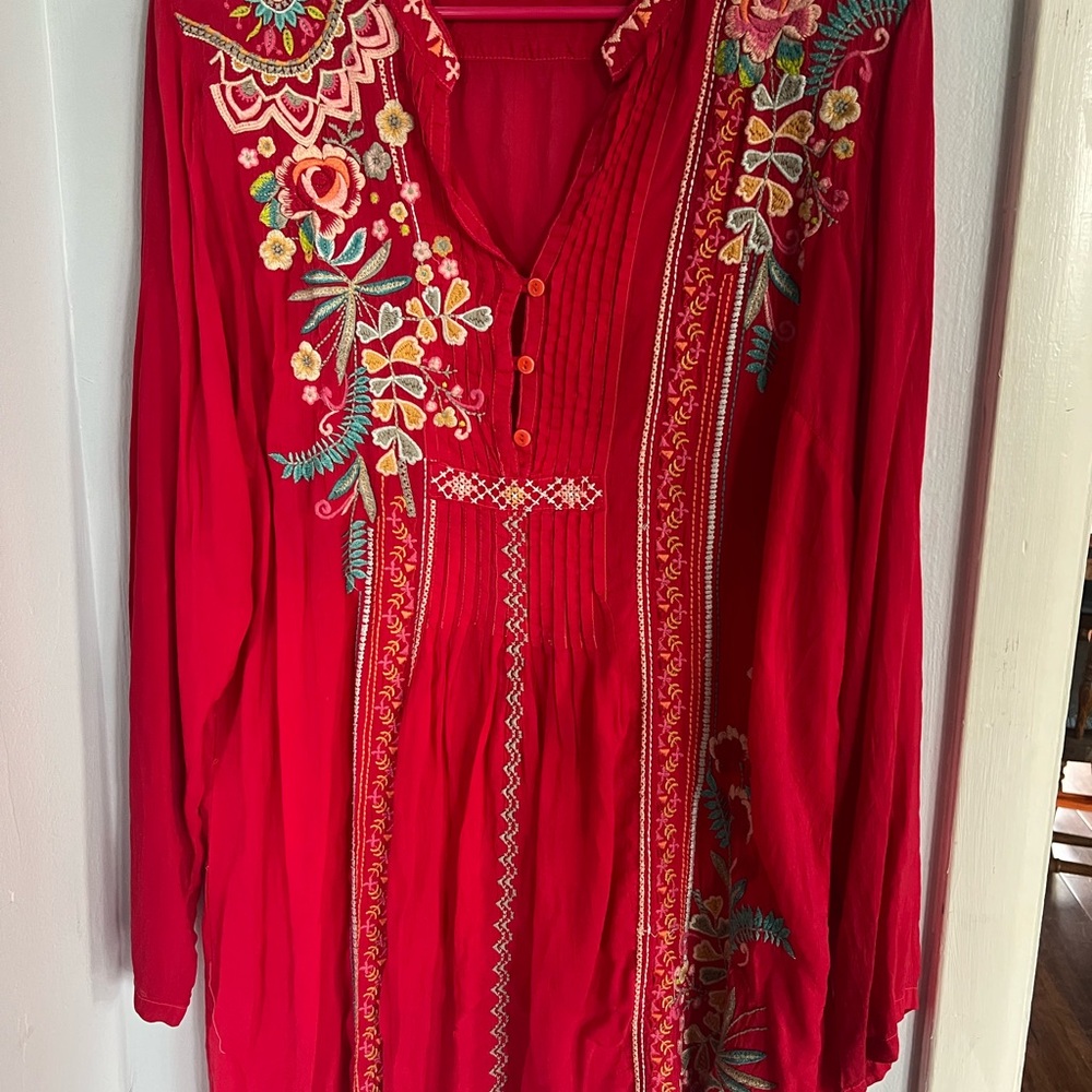 Johnny Was Red Floral Embroidered Tunic